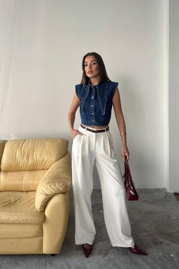Mavi Yaka Detaylı Denim Crop resmi
